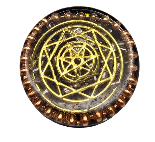 4cm Sacred Geometry Orgonite Disc – Orgone Shungite, Magnetite & Copper with Celestial Heptagram Grid (4cm) Pocket Rocket