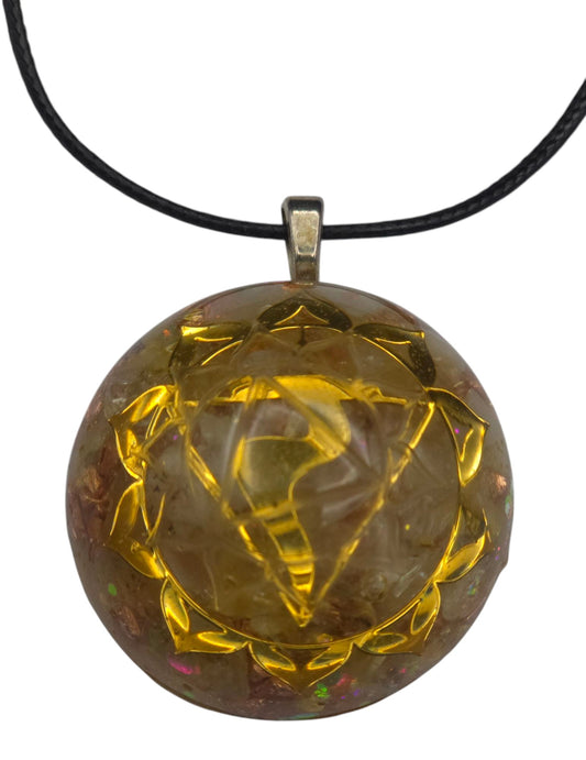 Solar Plexus Orgone Pendant – Citrine Copper Nuggets Sacred Geometry Shield (432Hz Tuned) 4cm Dome Shaped
