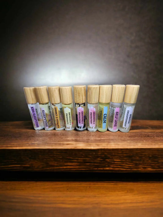 Aromatherapy Organic Essential Oil Rollers with Crystals and Botanicals - Self Love Calm Energy Grounding  Abundance Choose your Essential Oil 10ml