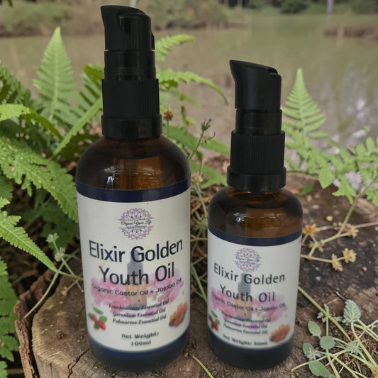 Elixir Golden Youth Oil | Organic Castor & Jojoba Face Serum with Frankincense, Geranium & Palmarosa | Anti-Ageing Glow Oil